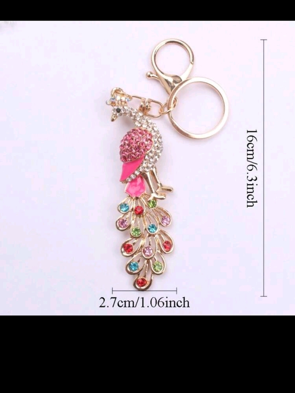 Pink Crystal Peacock Keychain with Multicolor Rhinestone Tail - Picture 4 of 5